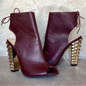 Maroon peep toe rocker heeled booties